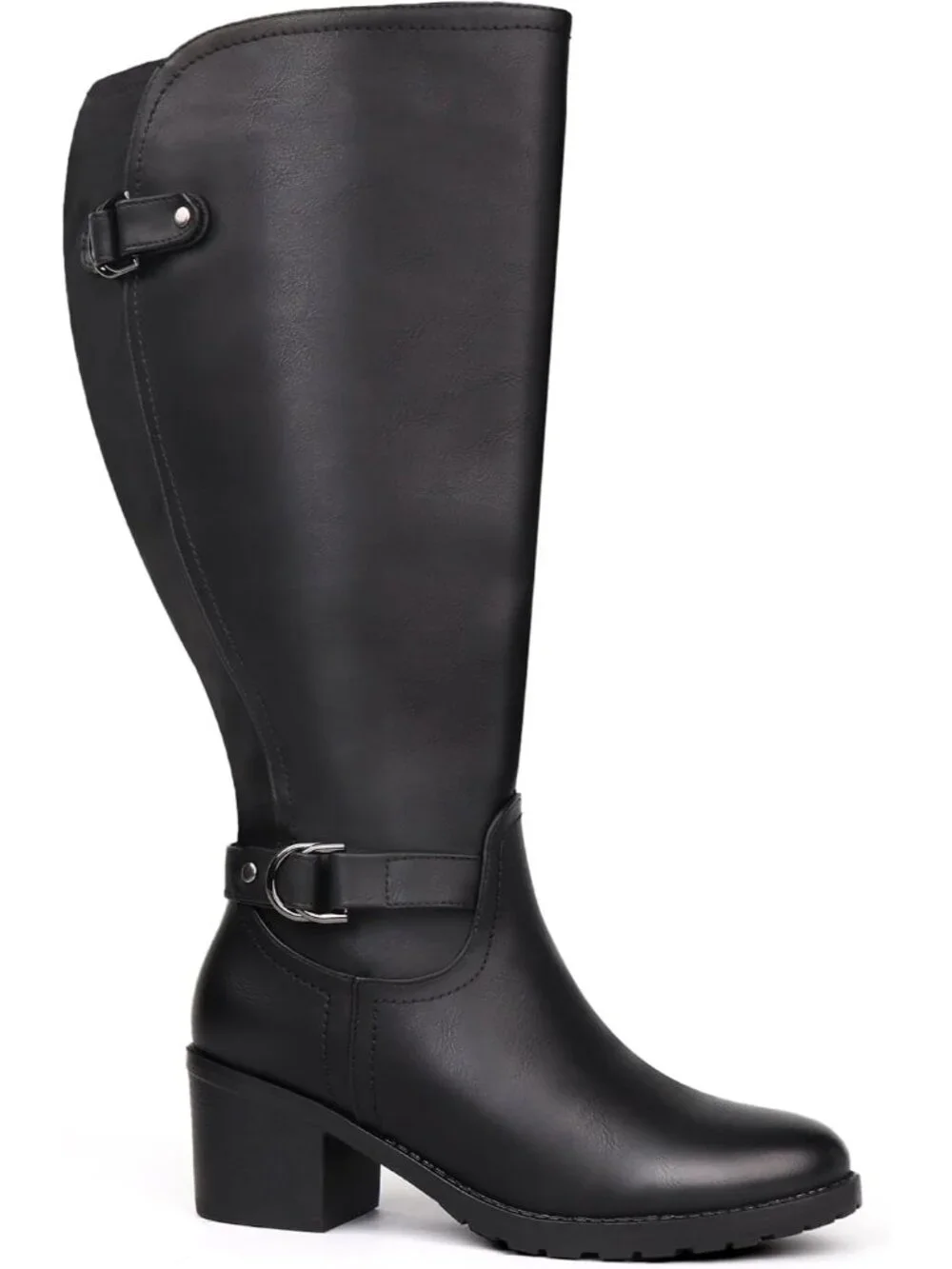 Women's Black Wide Calf Block Heel and Decorated Double Buckle  Knee High Boots